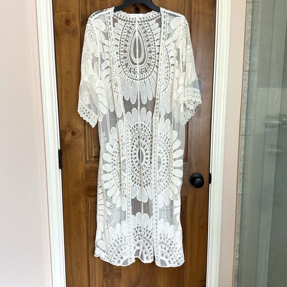 Rebellion Lace Coverup XL Duster Embroidered Swim Boho Cream Sheer Open Front - Picture 1 of 6